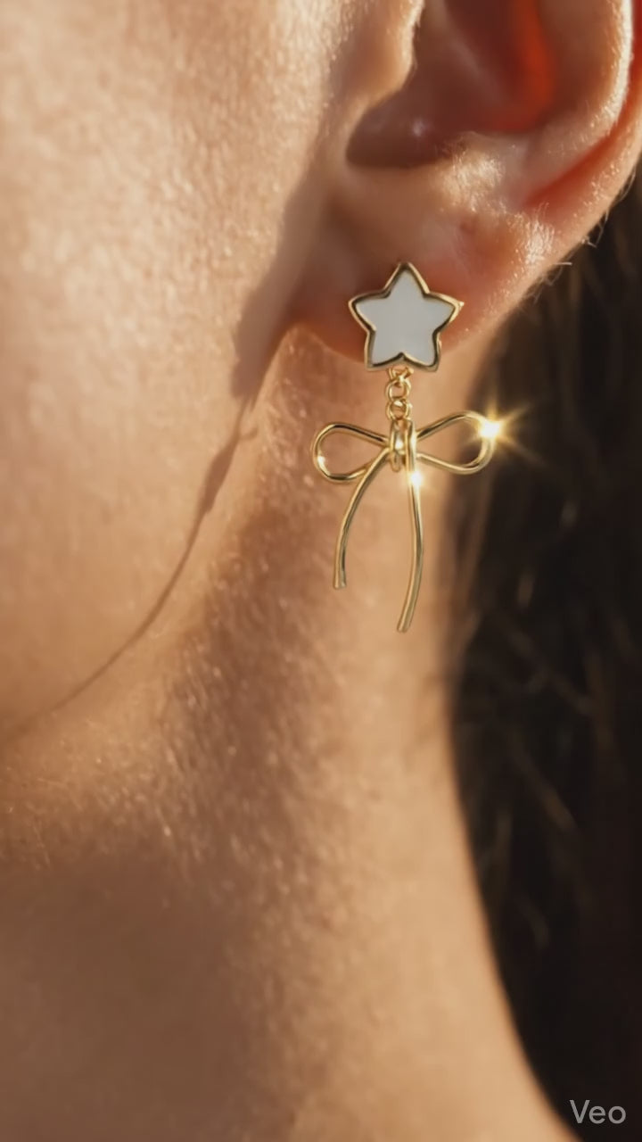 Gold Star & Bow Drop Earrings ( White and Black )