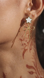Gold Star & Bow Drop Earrings ( White and Black )