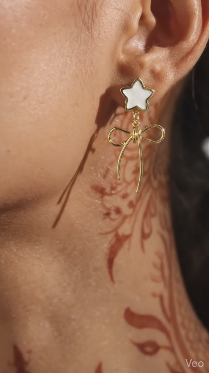 Gold Star & Bow Drop Earrings ( White and Black )