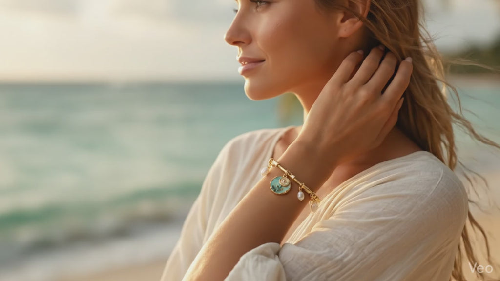 Gold Blue Floral Enamel Charm Bracelet with Pearl Drops