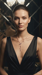 Woman wearing a black dress and a necklace with a dark background