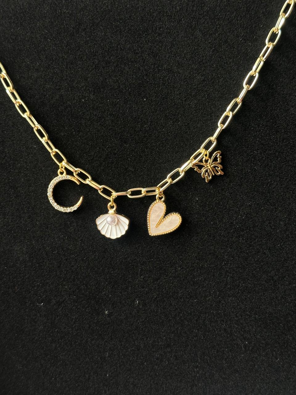 Golden Charm Link Necklace with Moon, Shell, Heart & Butterfly