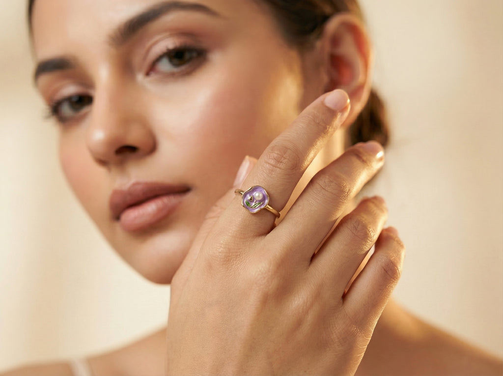 Purple Lavender Enamel Tulip Pearl Ring