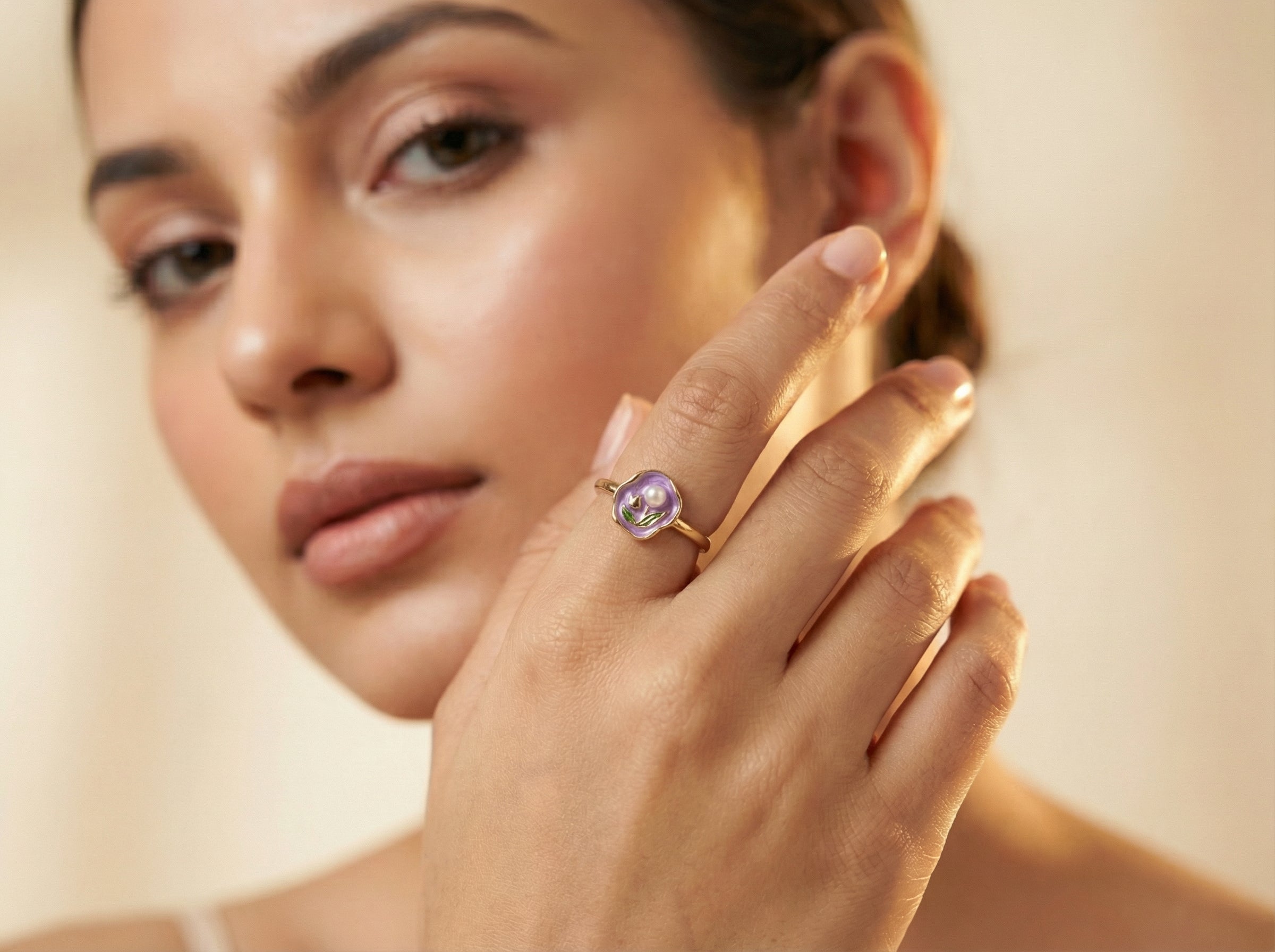 Purple Lavender Enamel Tulip Pearl Ring