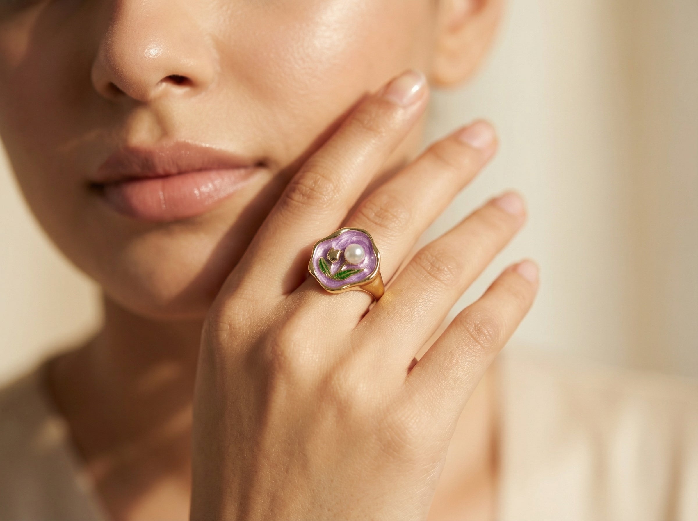 Purple Lavender Enamel Tulip Pearl Ring