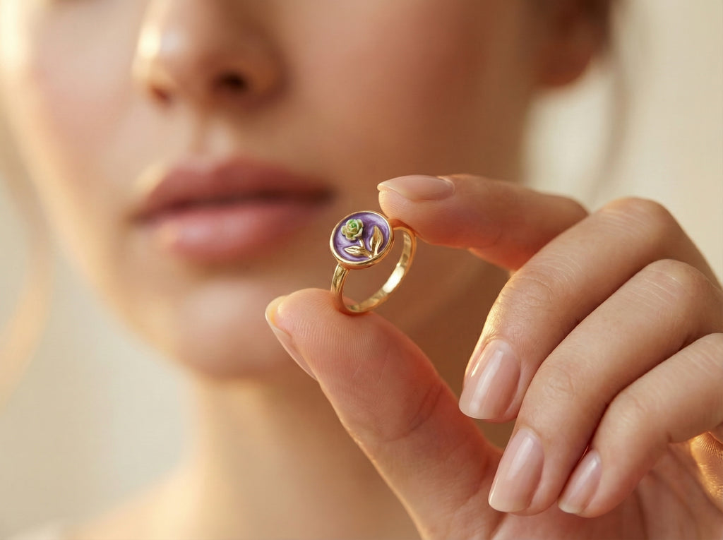 Purple Enamel Round Rose Bud Gold Leaf Cocktail Ring