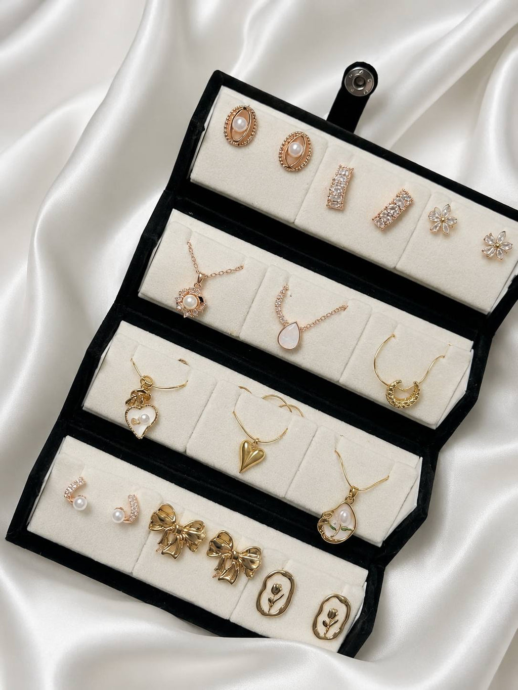 Golden Pearl & Crystal 12-Piece Jewelry Collection Set with Velvet Travel Case