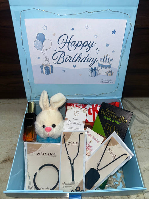 Boys birthday jewelry hamper with chocolate, gift box front view