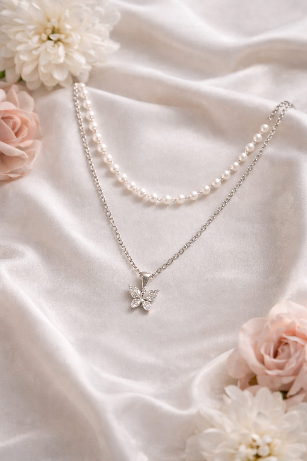 Double Chain Beaded & Butterfly Pendant Necklace