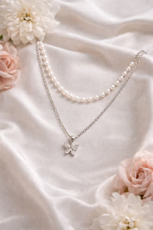 Double Chain Beaded & Butterfly Pendant Necklace
