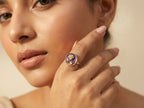Purple Enamel Round Rose Bud Gold Leaf Cocktail Ring