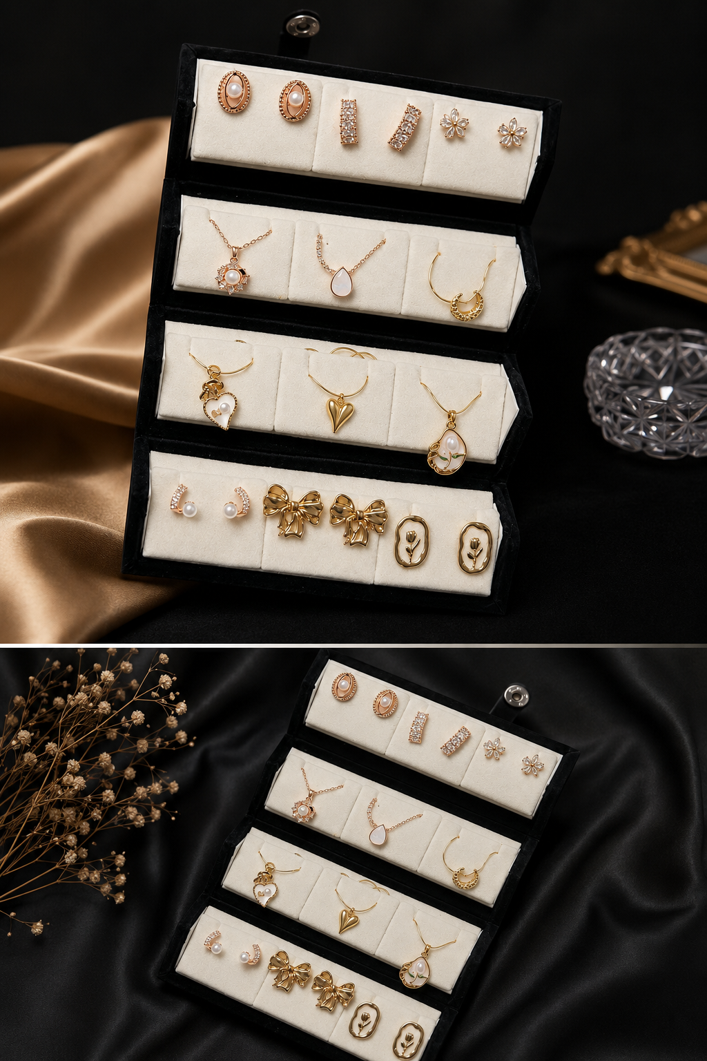 Golden Pearl & Crystal 12-Piece Jewelry Collection Set with Velvet Travel Case