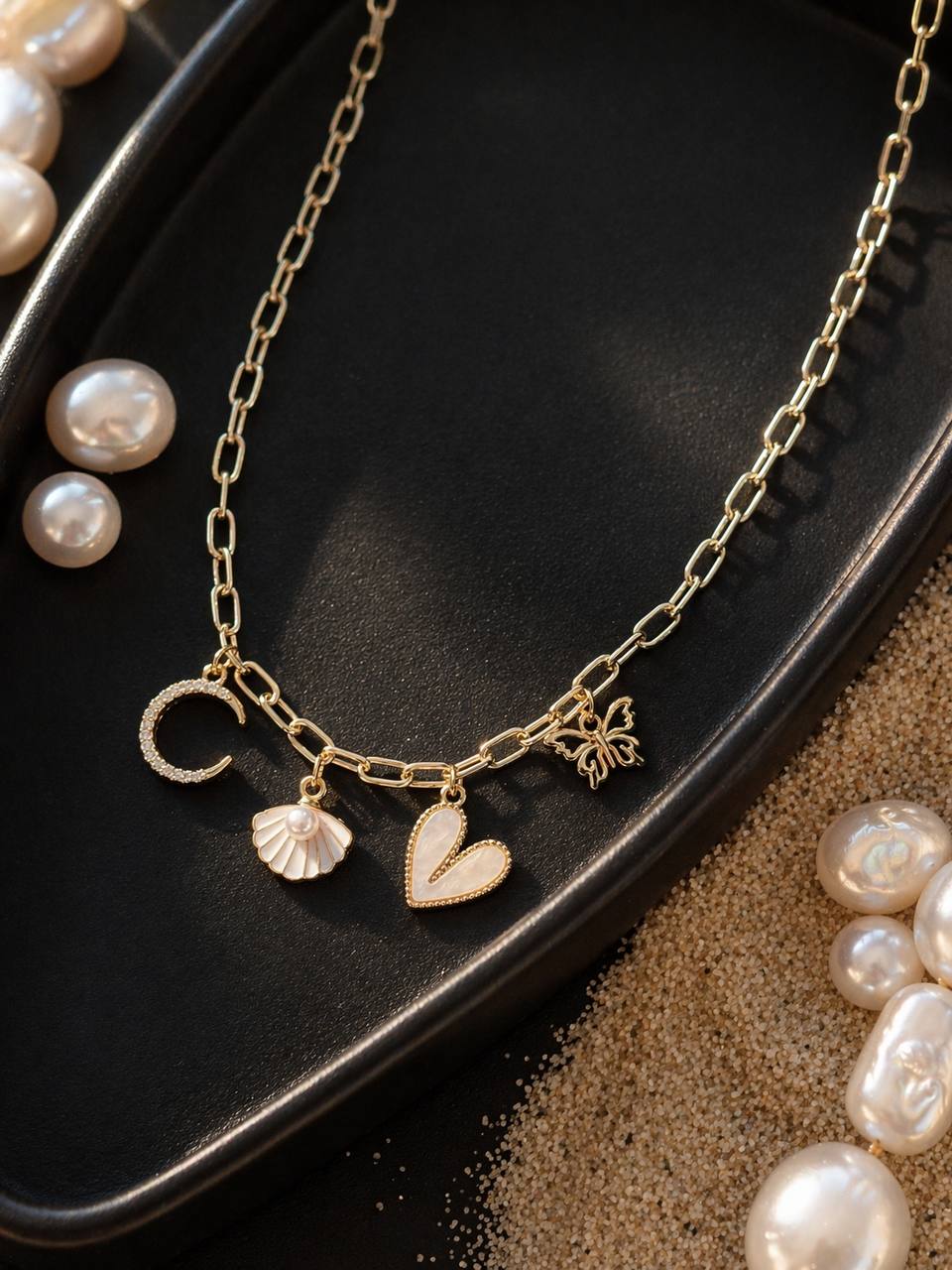 Golden Charm Link Necklace with Moon, Shell, Heart & Butterfly