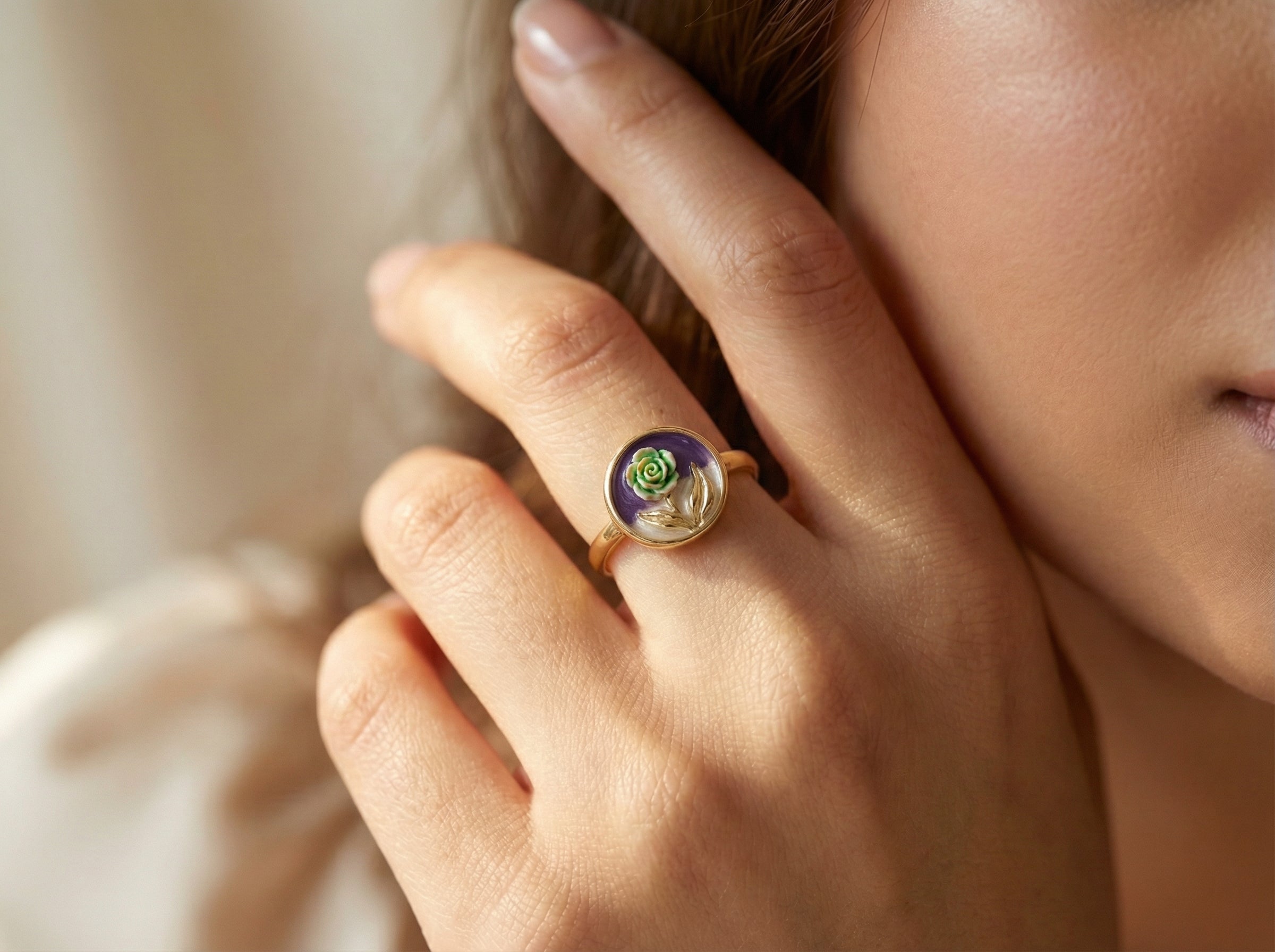 Purple Enamel Round Rose Bud Gold Leaf Cocktail Ring