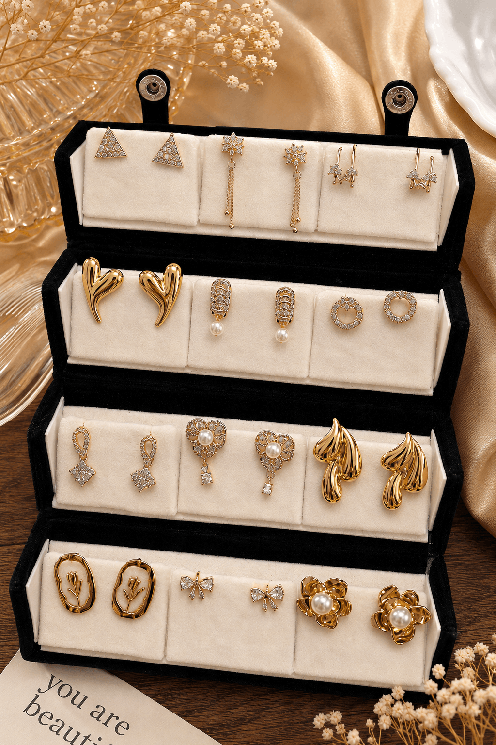 "12-pair gold-tone earring set featuring crystal triangle studs, pearl drops, floral earrings, bow studs, heart earrings, and statement fashion designs displayed on a jewelry stand."