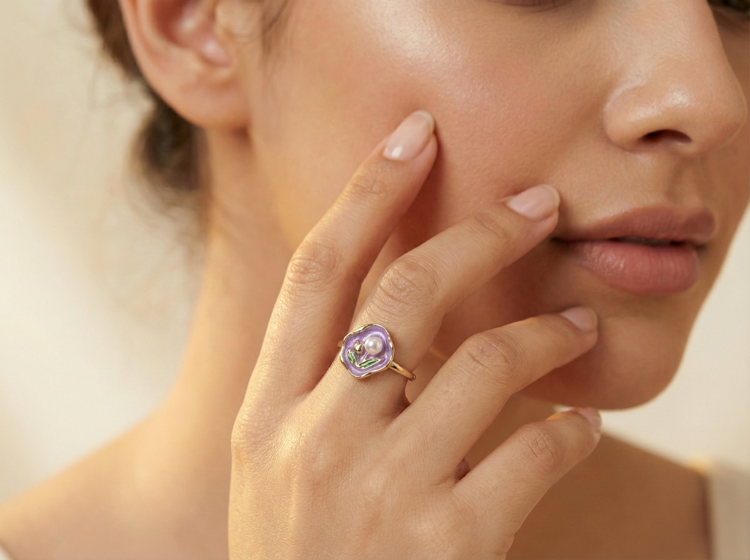 Purple Lavender Enamel Tulip Pearl Ring
