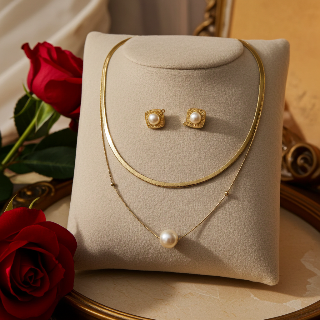 Gold necklace with a pearl pendant and matching earrings on a beige jewelry cushion, surrounded by red roses.